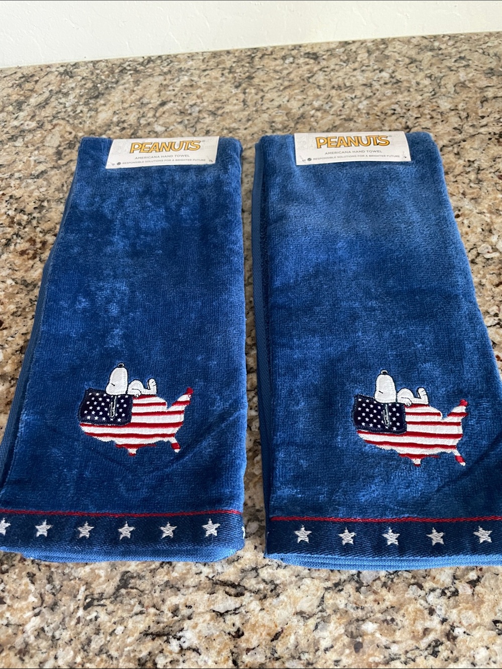 Peanuts Blue Snoopy USA Embroidered Hand Towels - Pair